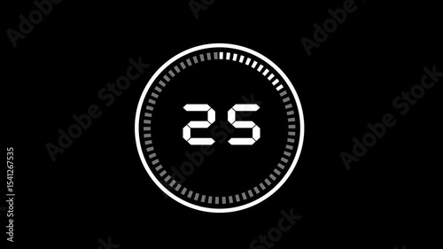 Minimal countdown timer animation from 30 to 0 seconds. 30 second countdown timer with circle animation on black background. 4K video