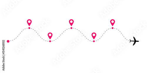 Dotted airplane route paths with flight tracking lines and global air routes showing dashed plane lines and curved aircraft trails for navigation maps and aviation themed vector illustrations