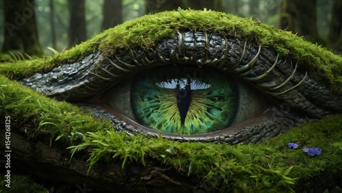 Close-Up of a Reptilian Eye with Moss in a Forest Environment, A captivating image showing a detailed reptilian eye adorned with moss, nestled within a lush forest environment