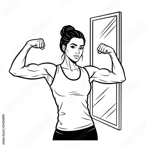 confident woman flexing her muscles in front of a mirror, empowered mood, fitness motivation