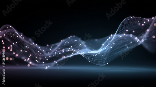 Mysterious and futuristic particle system wave. Dark and minimalistic wallpaper glowing wave lines. Concept of energy flow and information technology.