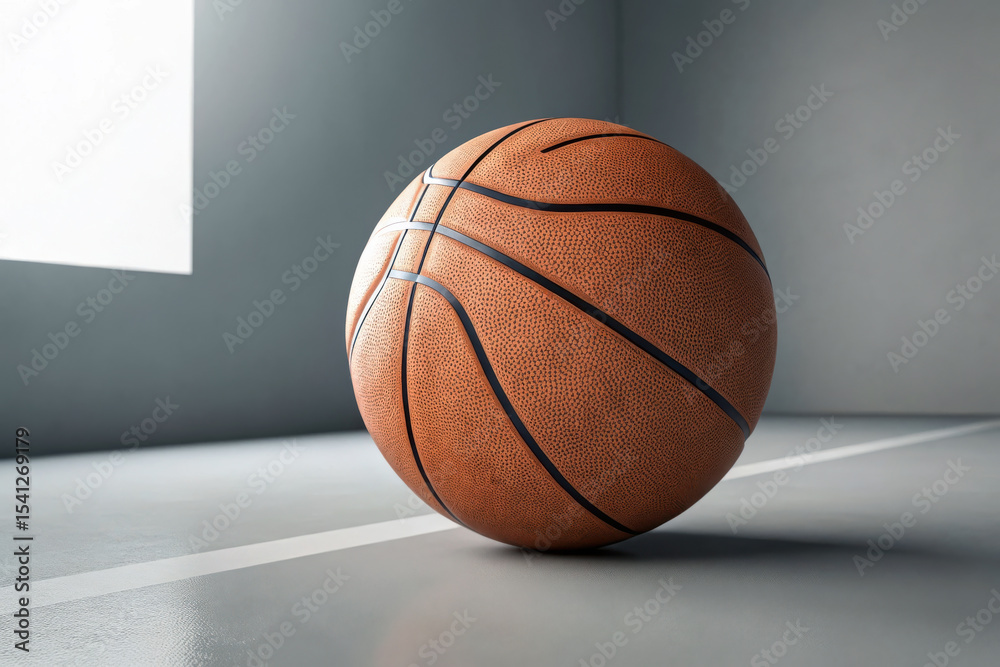 Fototapeta premium Single basketball on indoor court near window
