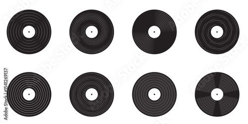 Long play vinyl discs and turntable icons DJ music equipment set Retro disco style 1970s to 1990s Nostalgic vector illustration isolated