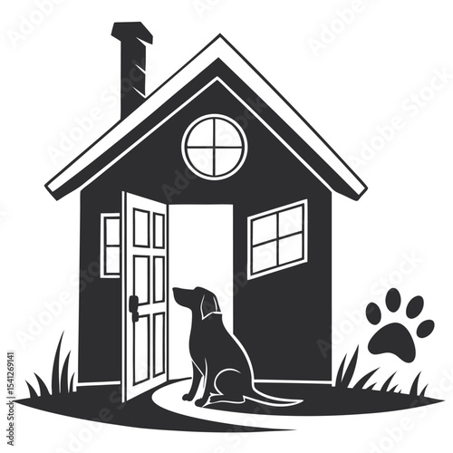 Cartoon illustration of a dog and cat family in a house silhouette