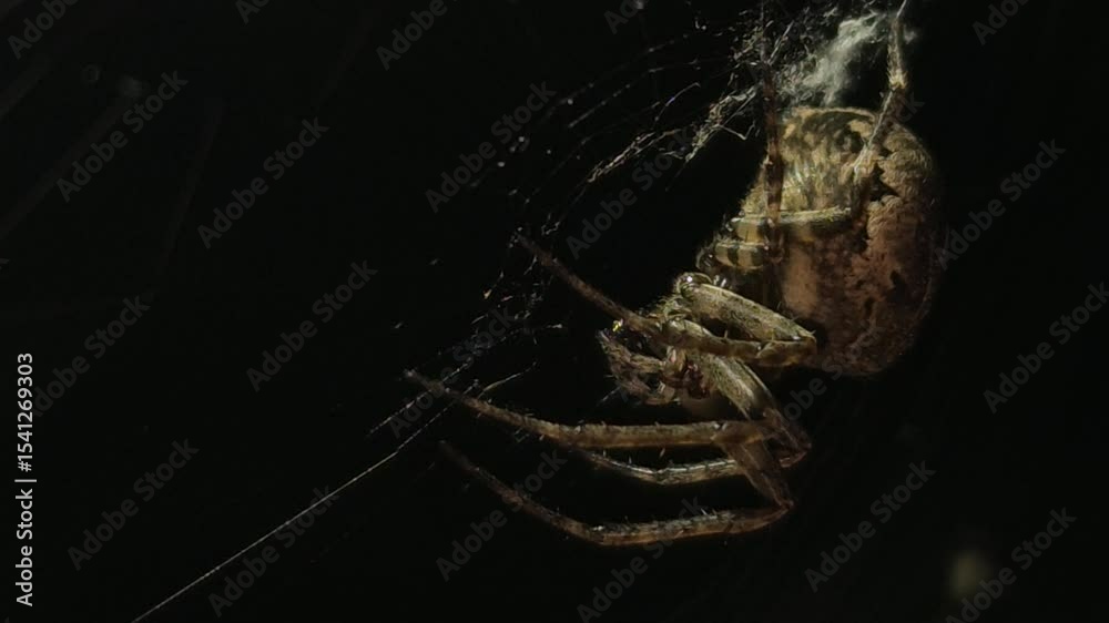 Night in the wild, Brown arachnid from the Araneae order spins its intricate web, captured in a macro closeup that reveals its piercing eyes, scary and fascinating nature's tiny predators.