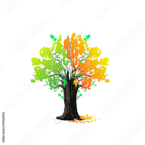 An artistic tree illustration showing all four seasons with green, yellow, orange, and red leaves, symbolizing the cycle of nature on a clean white background