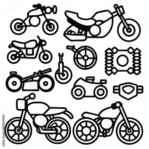 A vector illustration set of diverse bicycles and tricycles for sport and transport, featuring wheels, pedals, and seats