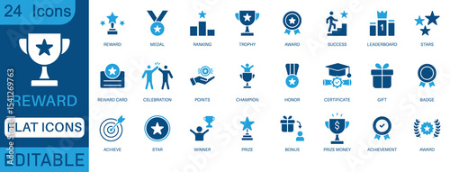 Reward icon set. Containing award, prize, medal, gift, trophy, badge, points, achievement, certificate and more. perfect flat icon collection.