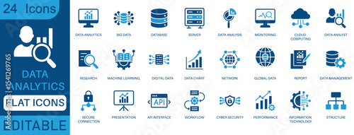 Data analytics icon set. Big data analysis technology symbol. Containing database, statistics, analytics, server, monitoring, computing and network icons. perfect flat icon collection.