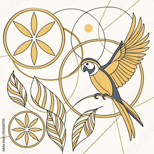 Colorful cartoon vector illustration of an exotic bird of paradise on a tropical branch