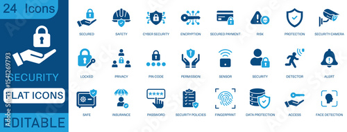 Security icon set. Containing secured payment, encryption, safety, insurance, data protection, detector, sensor, locked, password and cybersecurity icon. perfect flat icon collection.