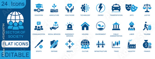 Sector of society icon set. Containing agriculture, education, healthcare, energy, technology, transportation, arts, justice and more. perfect flat icon collection.
