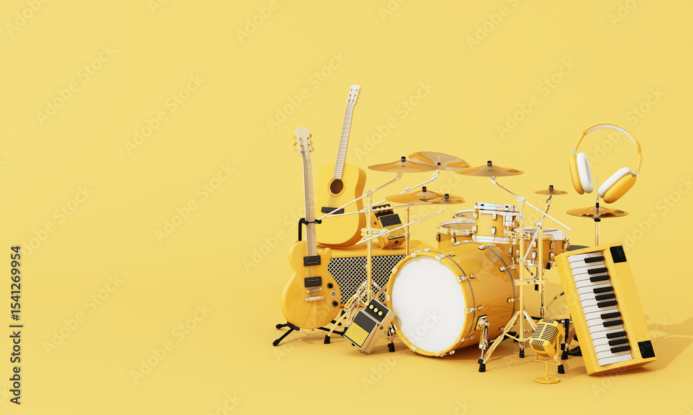 Obraz premium A vibrant yellow music setup with drum kit, electric and acoustic guitars, keyboard, microphone, and headphones on monochrome yellow background. Music performance 3d rendering.