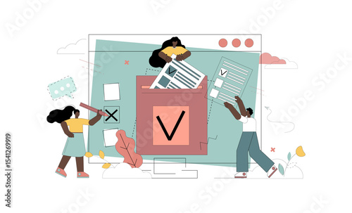 Elections. Online voting. People throw ballots into the ballot box. Vector flat illustration on white background.eps