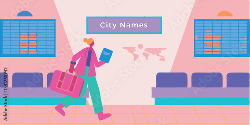 Illustration of a woman with luggage in a waiting area with city names on a display board