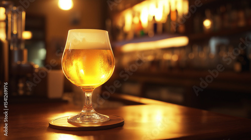 Golden beer in stemmed glass on wooden bar counter at night