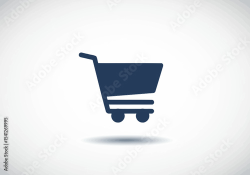 A navy blue shopping cart silhouette on a white background with a light drop shadow
