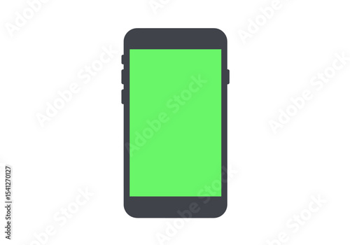 A simple grayframed smartphone with a bright green screen centered on a white background