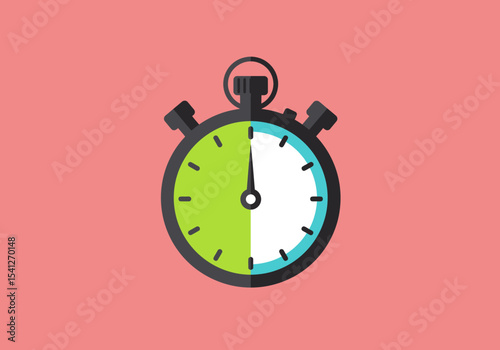 A stopwatch halfgreen and halfwhite with a black frame hands and top button set against a pink background