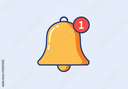 An orange bell icon with darkblue trim has a red circle with the number 1 on it set against a lightblue background