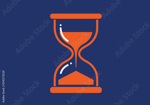 An orange hourglass filled with sand is centered against a dark blue background