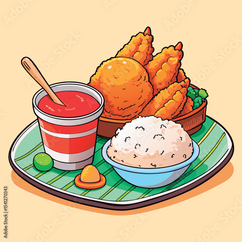 Delicious fried chicken. rice. and sauce combo.