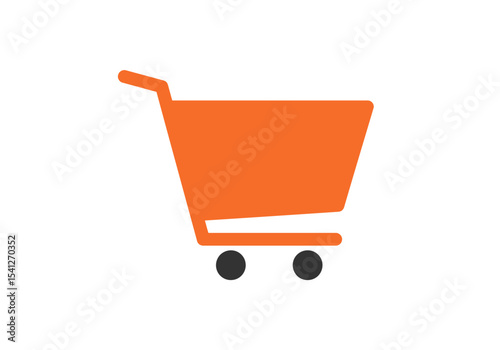 An orange shopping cart with black wheels is isolated on a white background