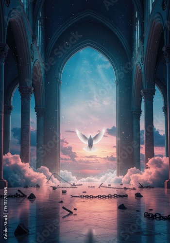A grand fantasy cathedral with soaring pillars, open sky door, a dove flying, sunset glow, and chains below.