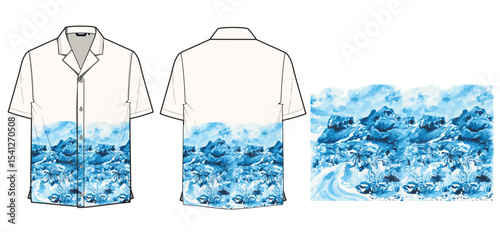 Hand-painted watercolor design featuring a breathtaking mountainous landscape with lush forest details in tranquil blue shades. The illustration is styled as an all-over shirt print