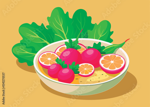 Colorful radish and citrus salad in bowl.