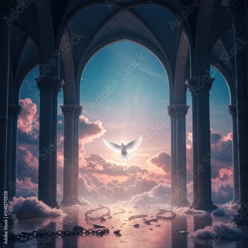 A grand fantasy cathedral with soaring pillars, open sky door, a dove flying, sunset glow, and chains below.