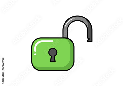 Green open padlock with a gray shackle stylized and cartoonish against a white background