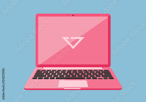 Pink laptop open on light blue Screen shows logo keyboard and trackpad visible