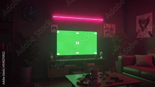 Cozy Living Room with Green Screen TV and Neon Lighting. stream starting soon screen, overlay loop, animated virtual backgrounds, cozy lo-fi living room at rainstorm, vtuber asset twitch zoom OBS.