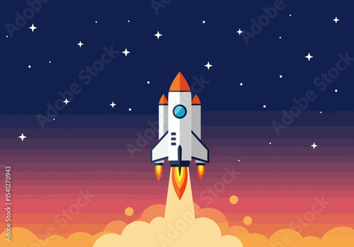 Pixel art shows a rocket launching with stars in a gradient sky and clouds beneath