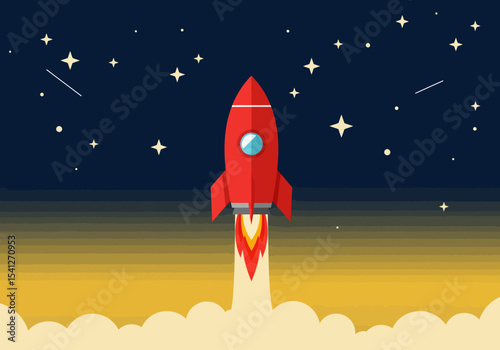 Red cartoon rocket launching through clouds at night stars visible