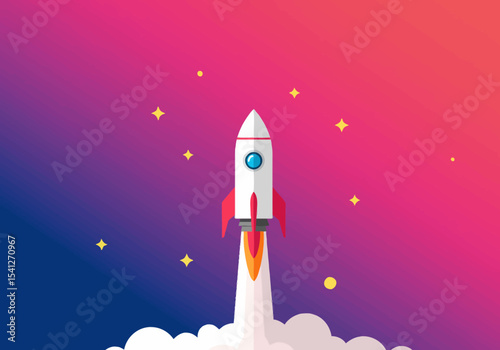 Rocket launching amidst stars smoke  fire plumes below