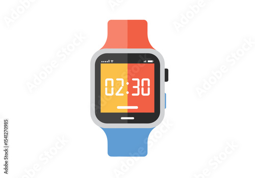 Smartwatch with red and blue band displaying 0230 on a split yellowred screen