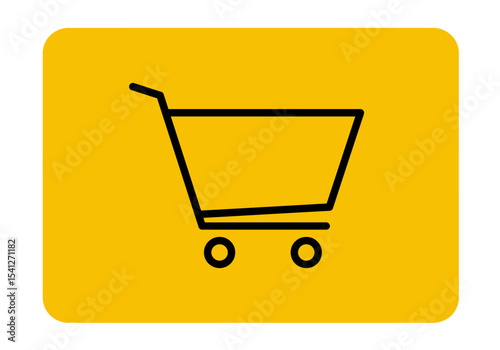 Yellow square icon with rounded corners Black outline of a shopping cart with wheels