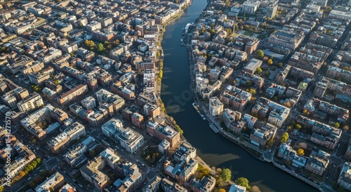 City Aerial View with River and Buildings