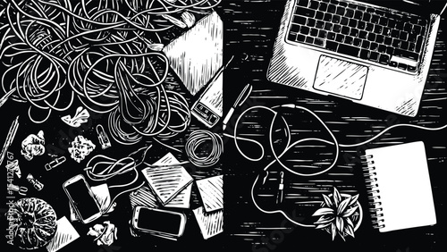 Overhead shot of a cluttered desk with a laptop cables and office supplies in black and white style