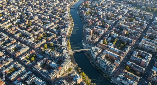 City Aerial View with River and Buildings