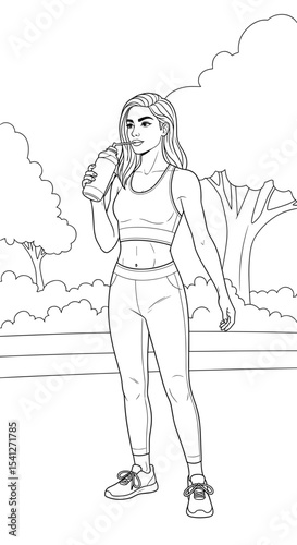active woman enjoying a smoothie in the park, refreshed mood, healthy lifestyle, copy space