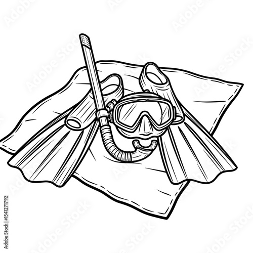 snorkeling gear including fins and mask on a towel, water sports equipment, copy space