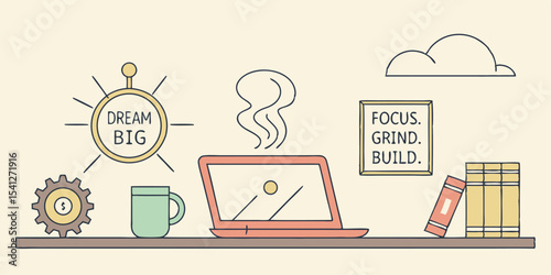 Illustration of a laptop with steam, books, and a motivational quote on a shelf in a workspace
