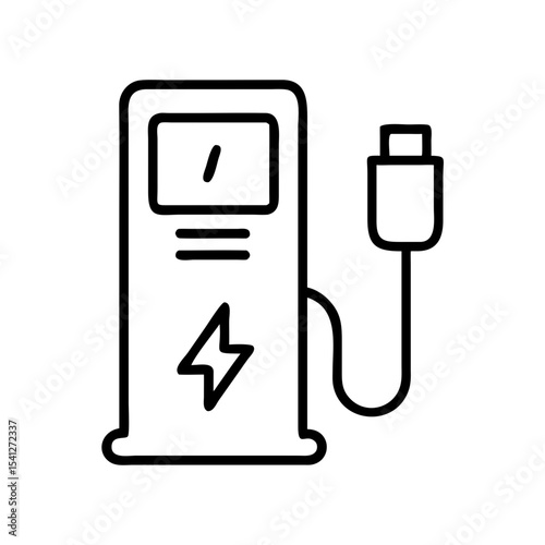 Electric vehicle charging station icon, black outline, transparent background