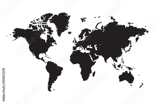 Minimal black silhouette world map in clean vector format for presentations, posters, and digital use