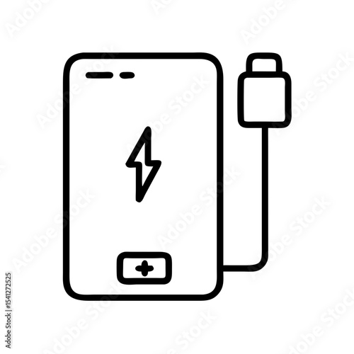 Power bank icon in minimalist style, black outline, transparent background