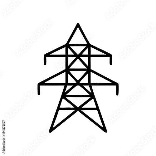 Power line tower icon in minimalist style, black outline, transparent background
