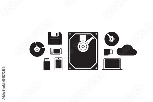 Modern flat vector concept featuring the word ‘DATA’ surrounded by iconic digital storage media symbols in bold black silhouette